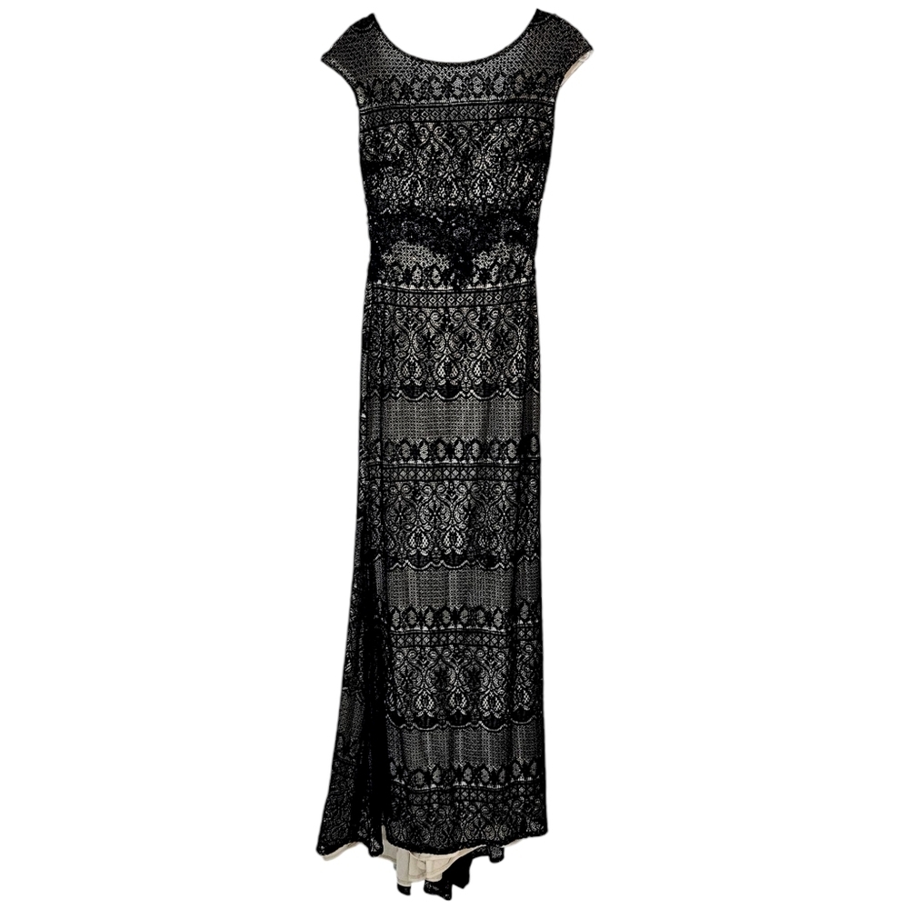 Tony Bowls Black Beaded Lace Sheer Illusion Floor Length Gown - Picture 3 of 11